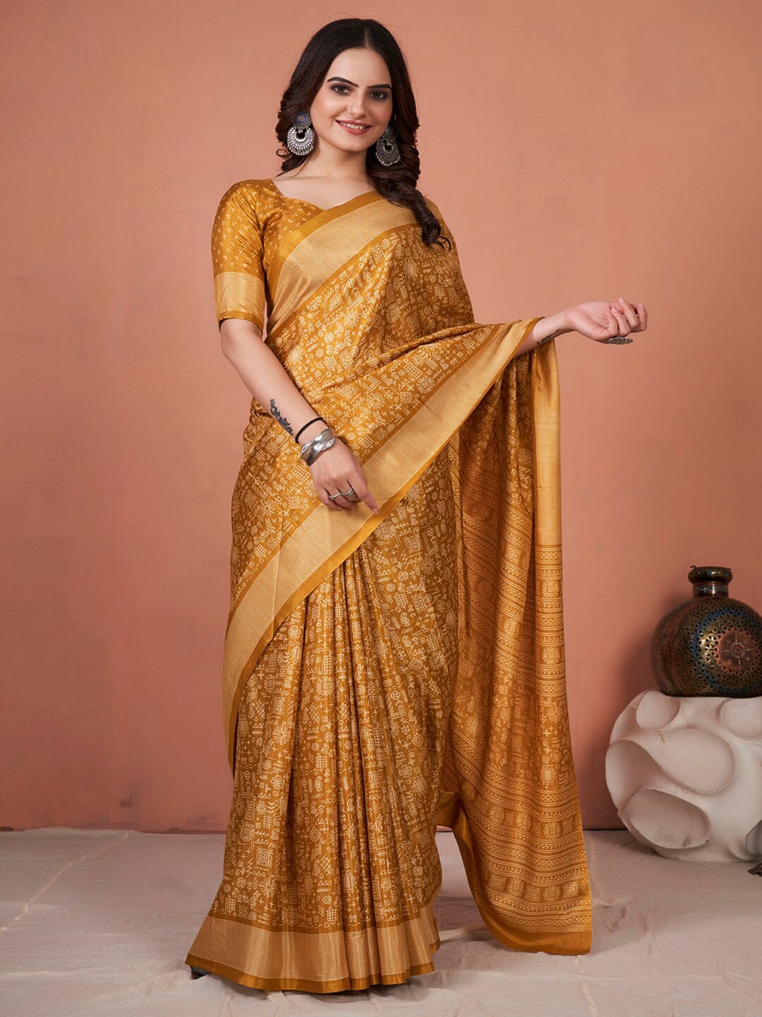 

KALINI Ethnic Motifs Printed Bagh Saree, Mustard