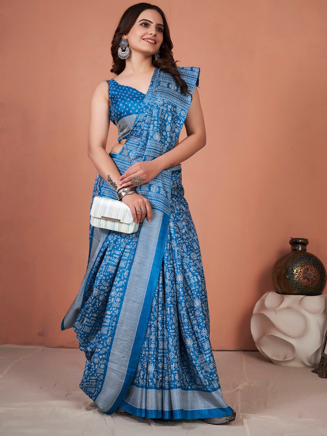 

KALINI Ethnic Motifs Printed Bagh Saree, Blue