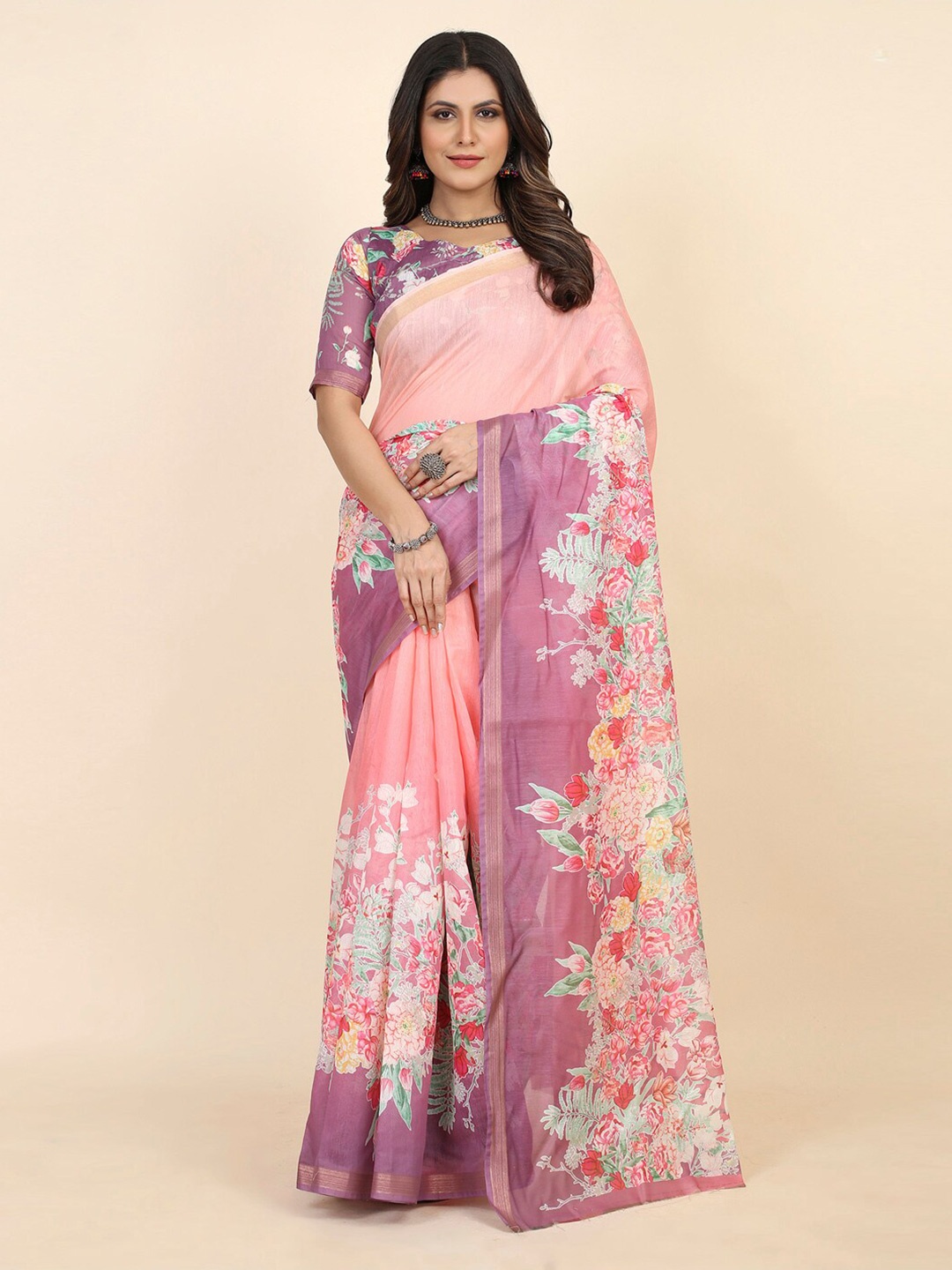 

KALINI Floral Printed Zari Bagru Saree, Peach