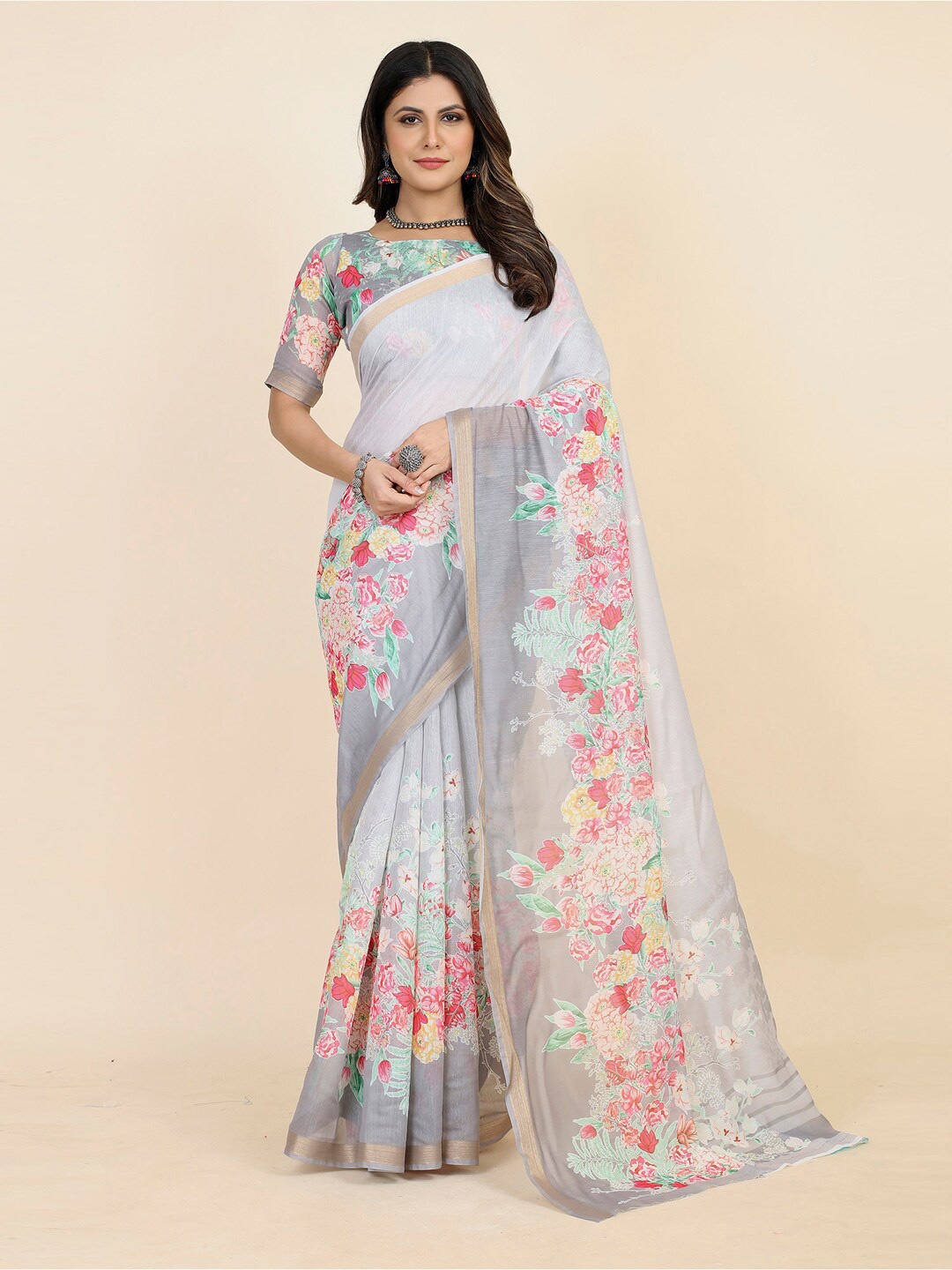 

KALINI Floral Printed Zari Bagru Saree, Grey