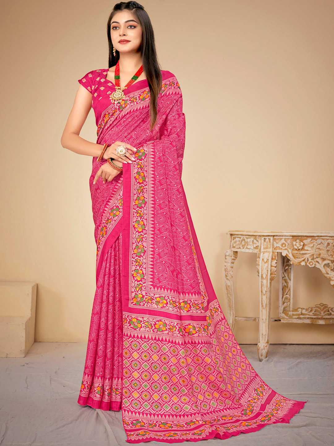 

KALINI Ethnic Motifs Printed Bagh Saree, Pink