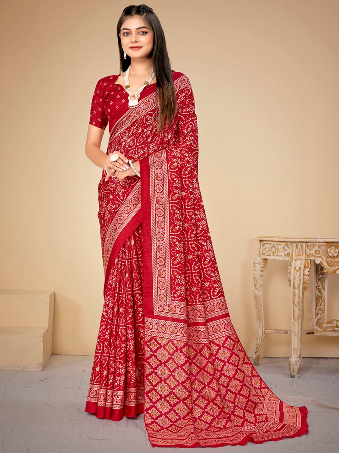 

KALINI Ethnic Motifs Printed Bagh Saree, Red