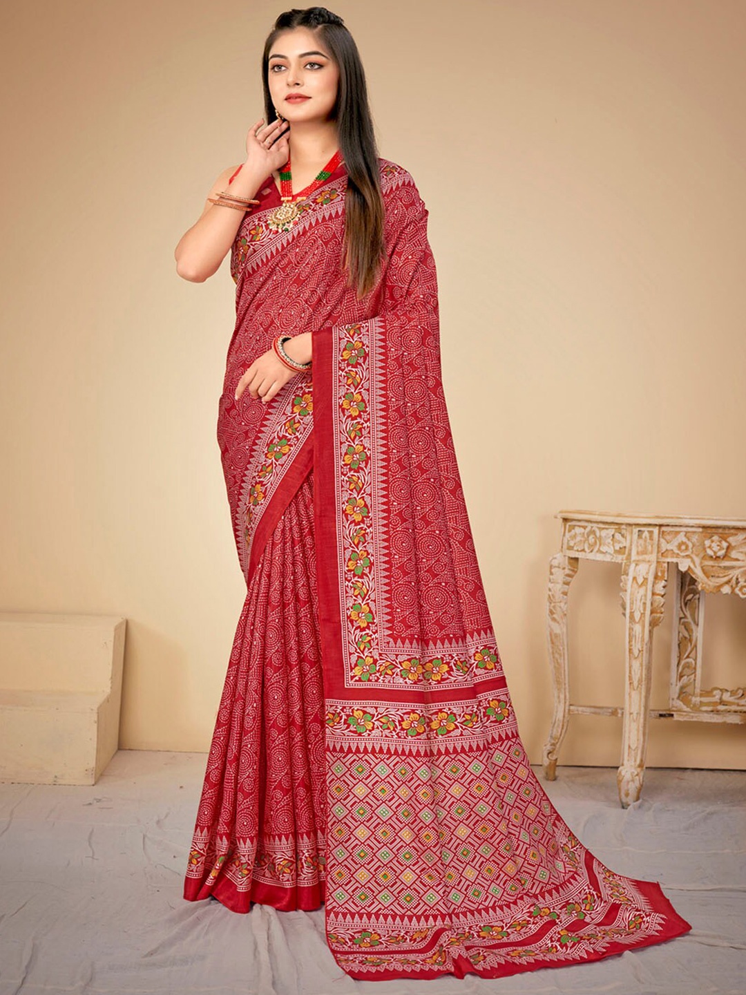 

KALINI Ethnic Motifs Printed Bagh Saree, Red