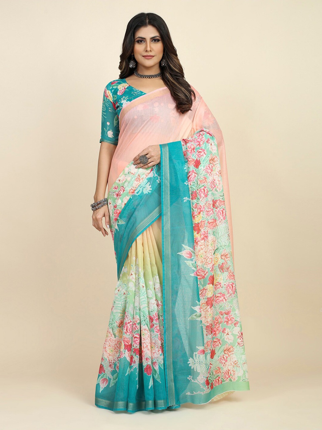 

KALINI Floral Printed Zari Bagru Saree, Peach