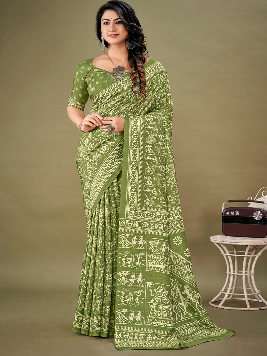 

KALINI Ethnic Motifs Printed Bagh Saree, Green