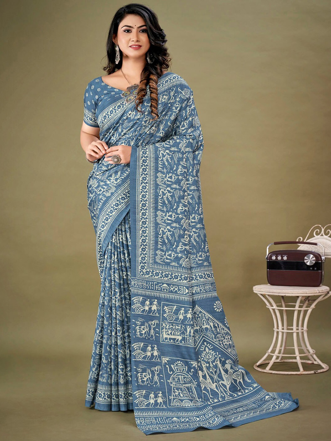 

KALINI Ethnic Motifs Printed Bagh Saree, Blue
