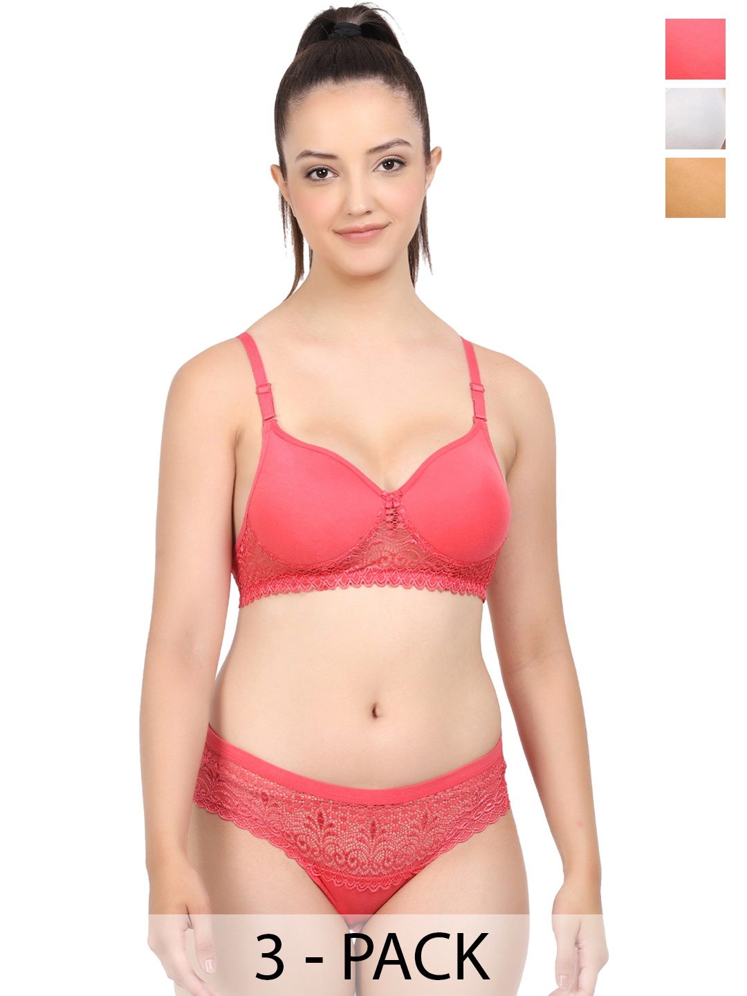

AROUSY Pack Of 3 Mid-Rise Non-Padded Cotton Lingerie Set, Red