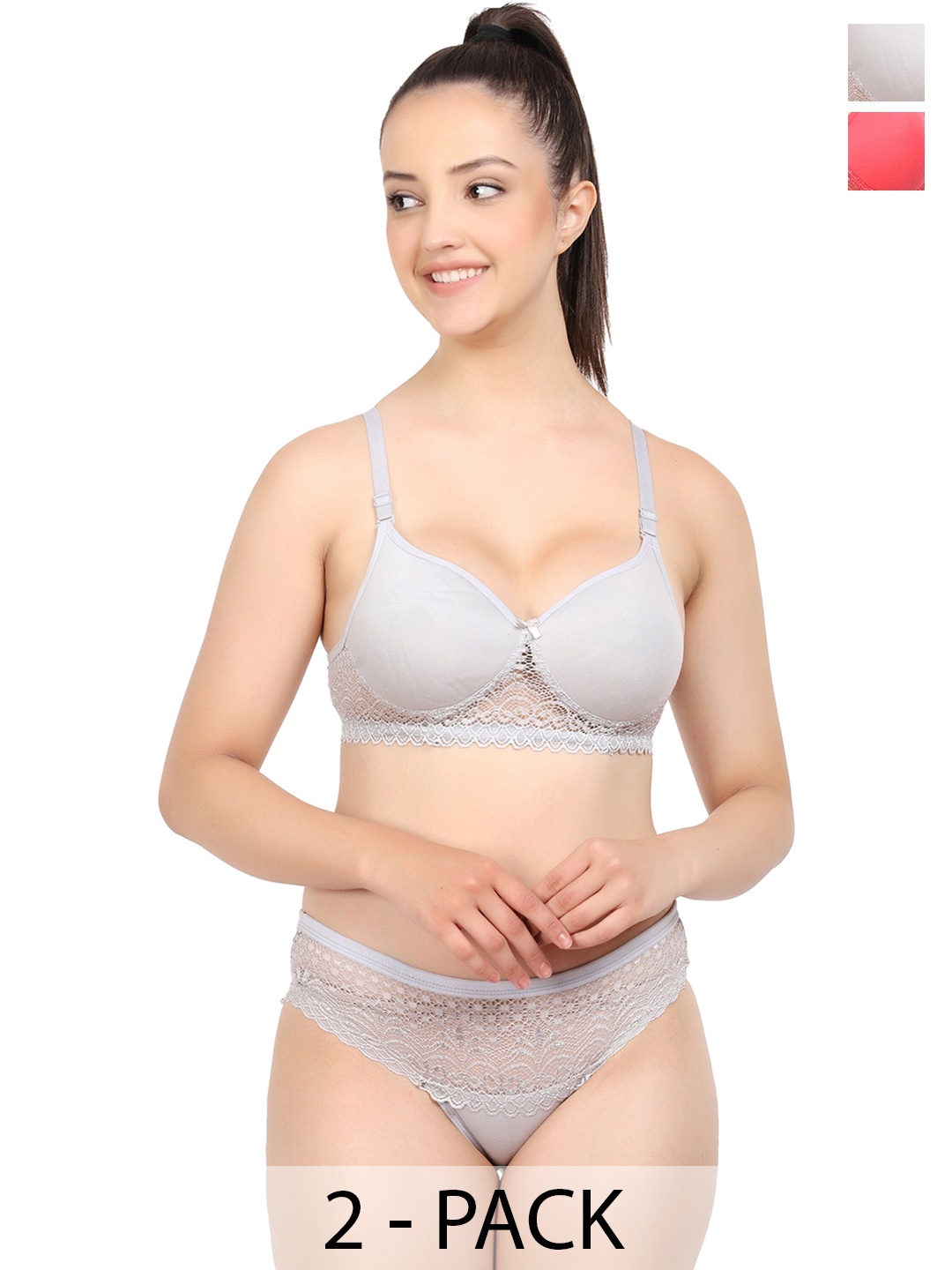 

AROUSY Pack Of 2 Mid Rise Non Padded Cotton Lingerie Set K_Catlin Set2, Grey