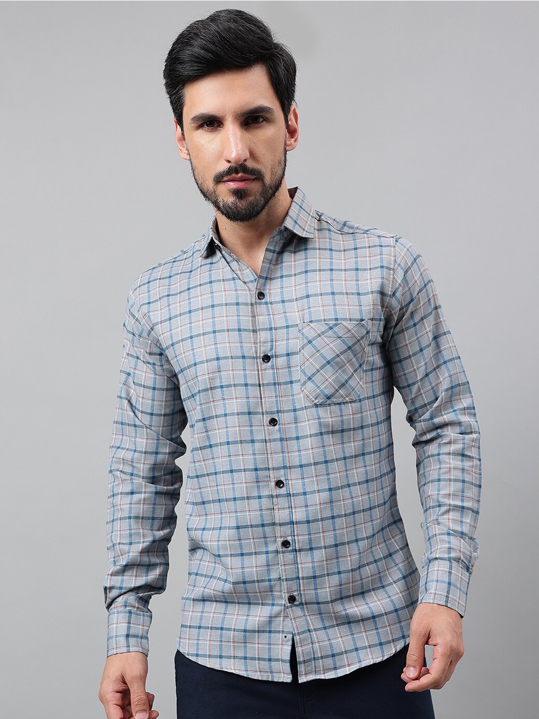 

Voroxy New Checked Spread Collar Long Sleeves Cotton Casual Shirt, Grey