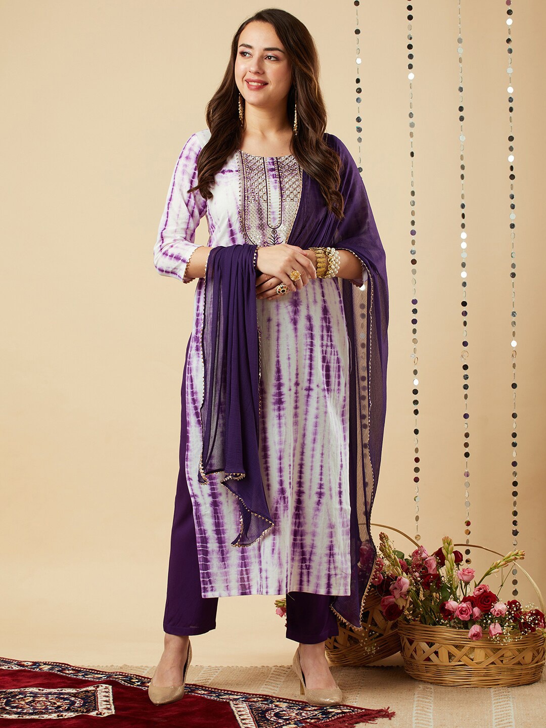 

GoSriKi Women Shibori Dyed Sequined Plus Size Kurta with Trousers & Dupatta, Purple