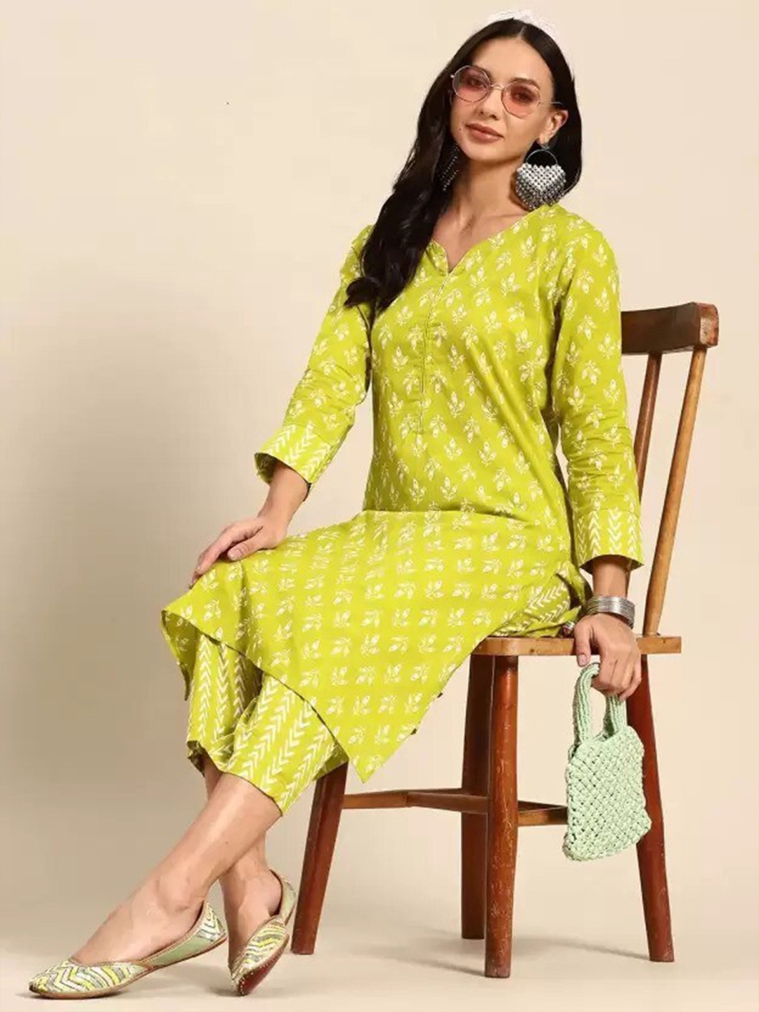 

KALINI Ethnic Motifs Printed Dobby Pure Cotton Kurta with Trousers, Yellow