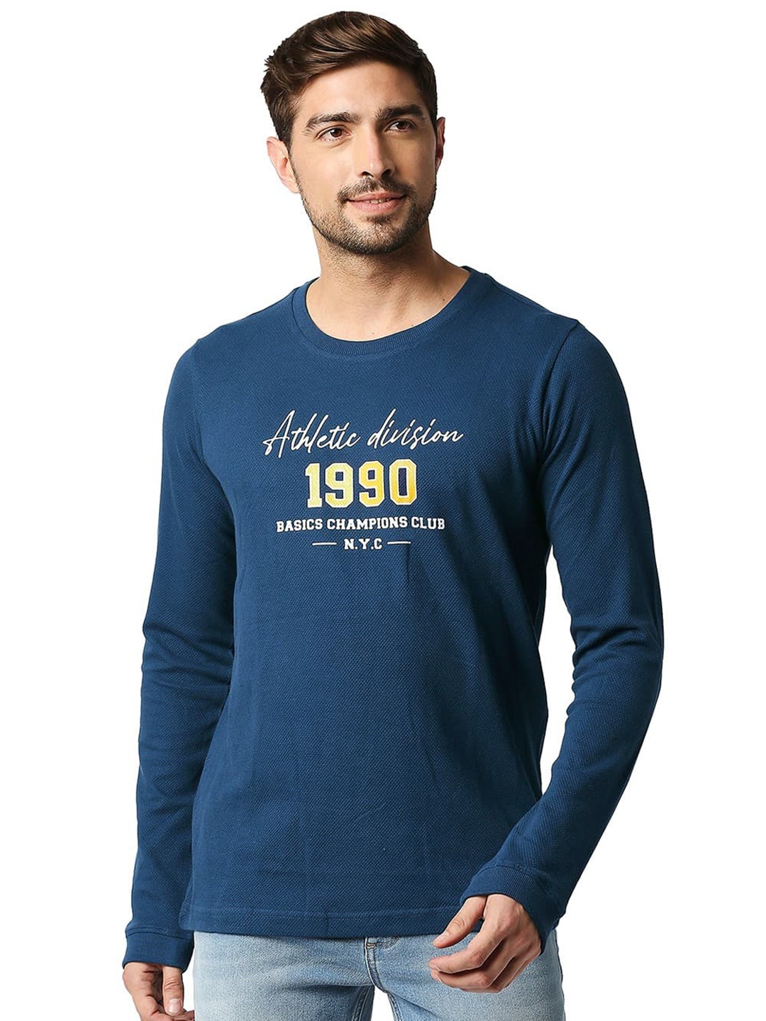 

Basics Cotton Muscle Titan Crew Neck Typography Printed Slim Fit Tshirt, Blue