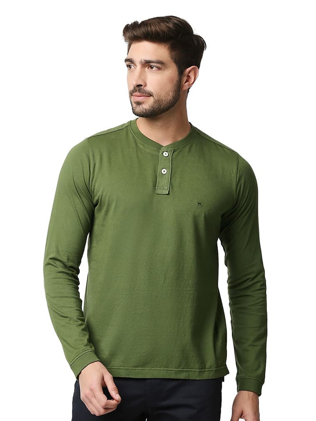 

Basics Henley Neck Long Sleeves Slim Fit Casual T shirt, Green