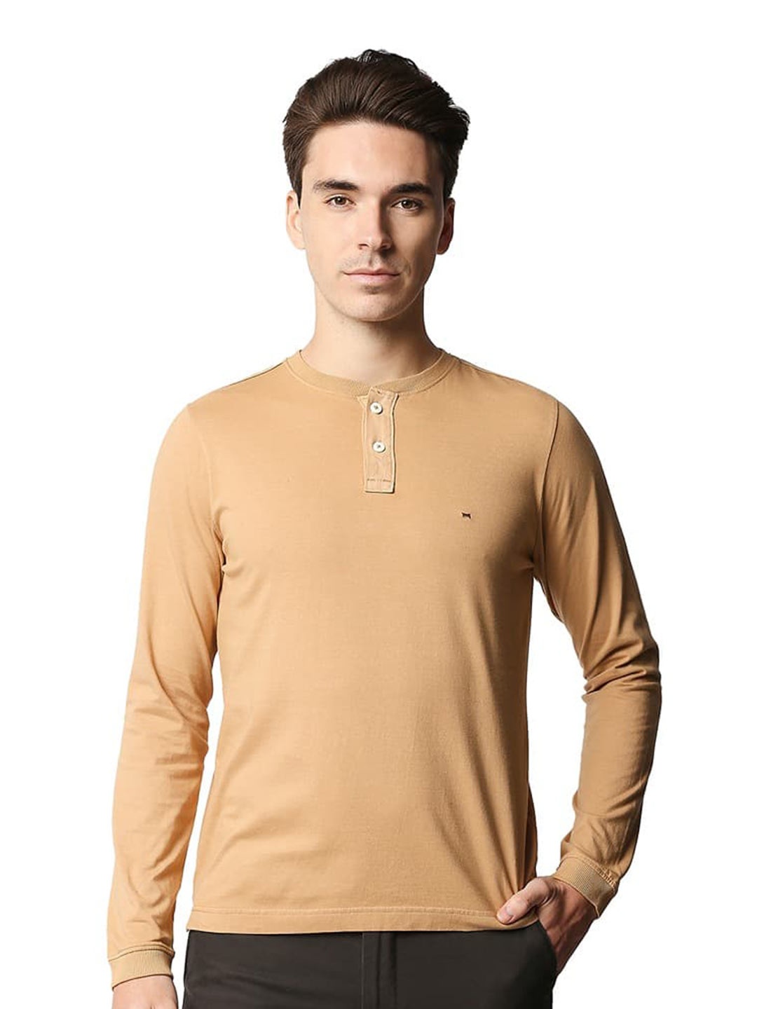 

Basics Henley Neck Long Sleeves Slim Fit Casual T shirt, Brown