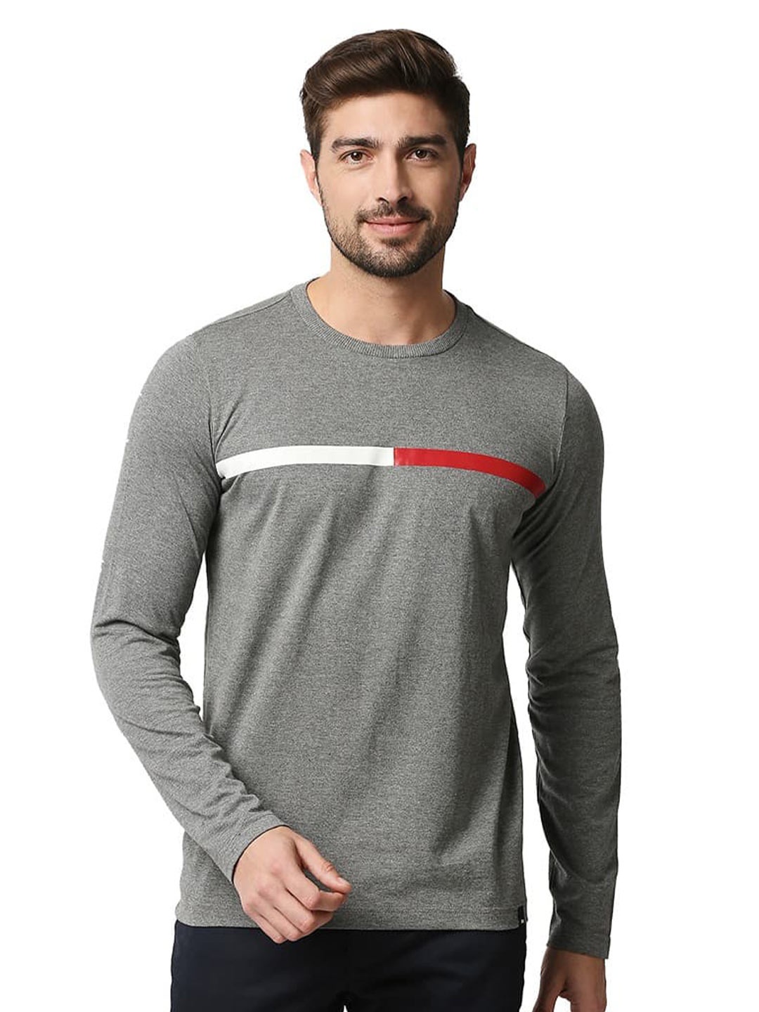 

Basics Round Neck Long Sleeves Slim Fit Casual T-shirt, Grey