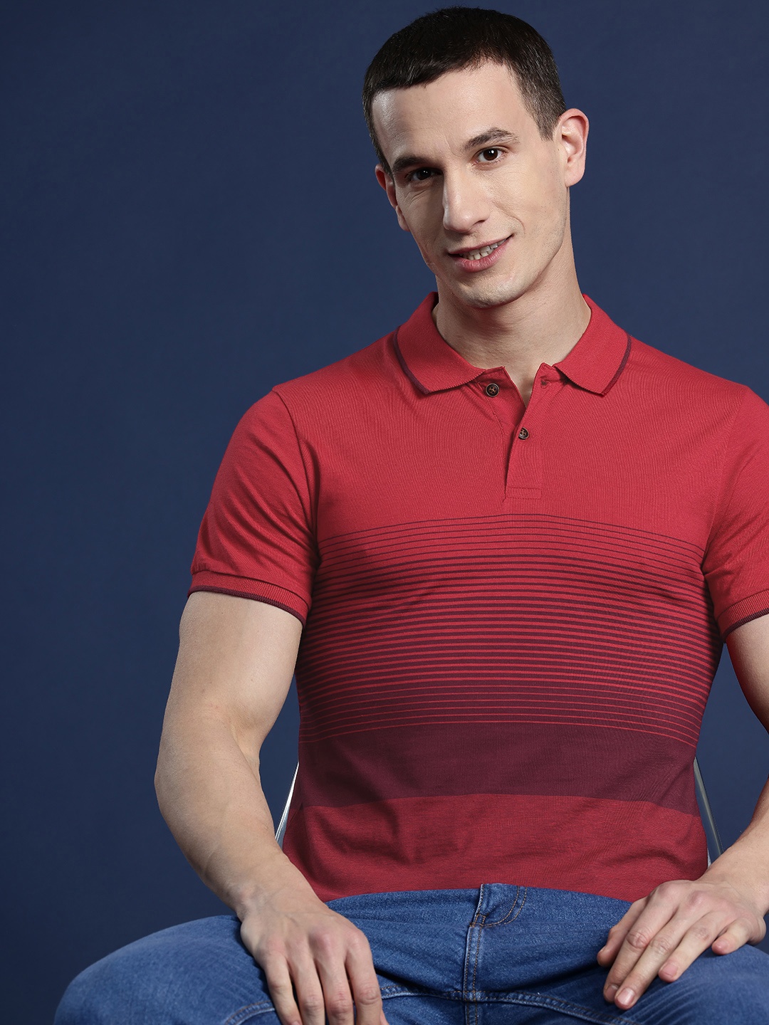 

Mast & Harbour Men Striped Polo Collar T-shirt, Red