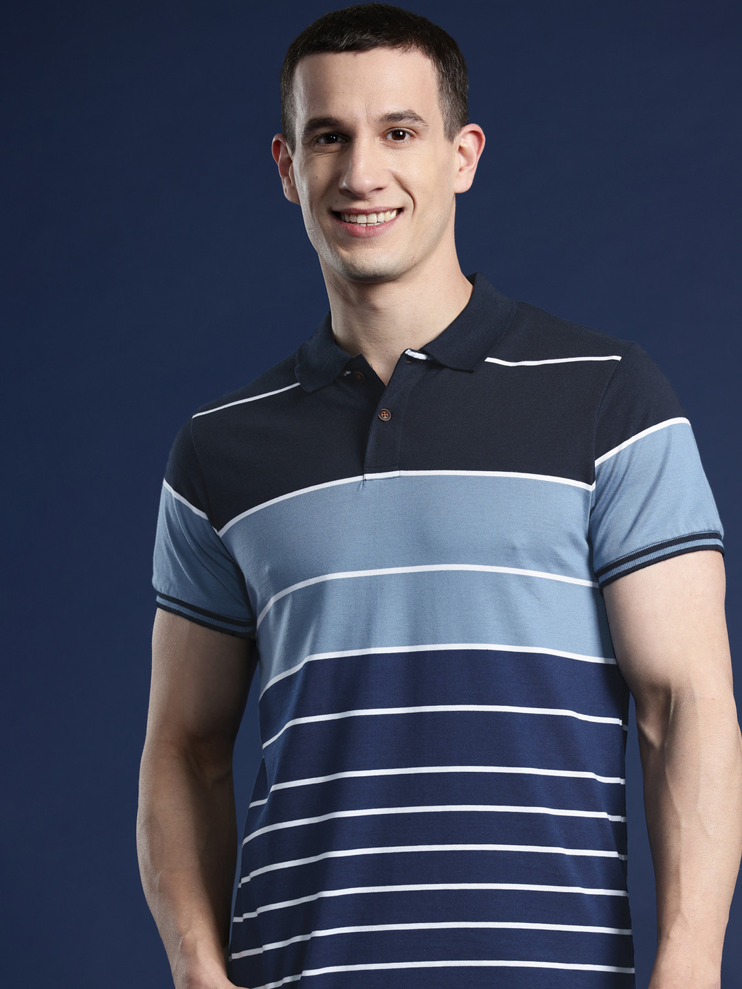 

Mast & Harbour Men Striped Polo Collar T-shirt, Navy blue