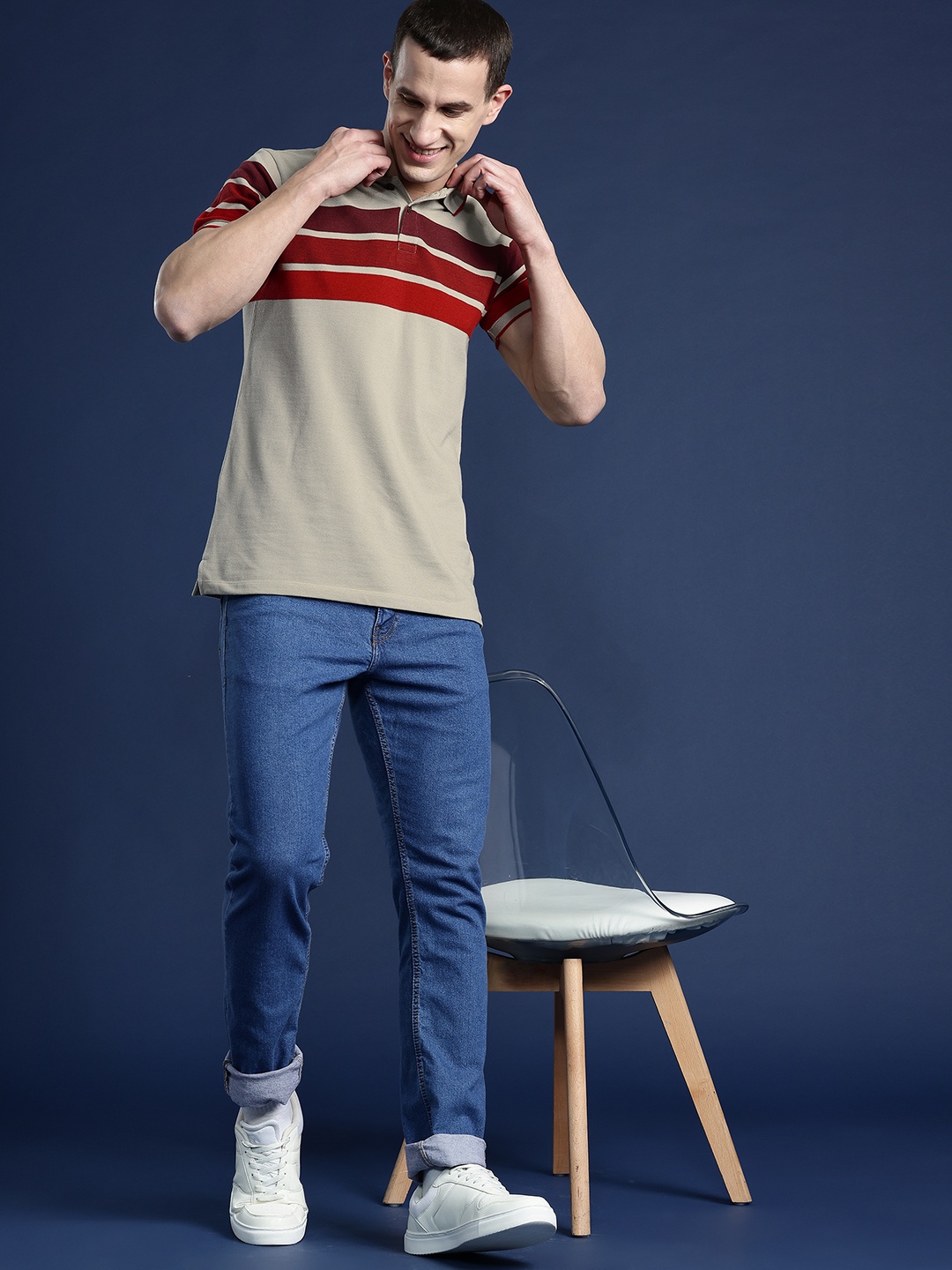 

Mast & Harbour Men Striped Polo Collar T-shirt, Beige