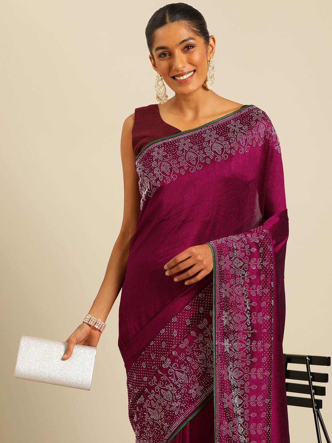 

HERE&NOW Beads and Stones Silk Blend Ready to Wear Maheshwari Saree, Magenta