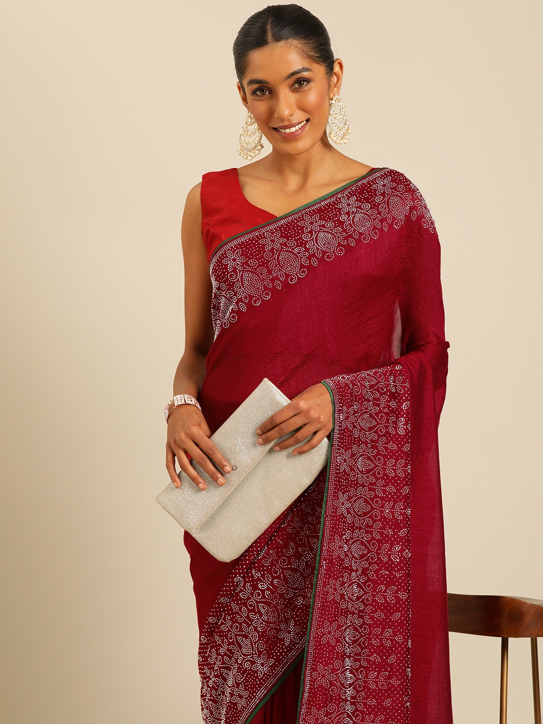 

HERE&NOW Embellished Beads and Stones Silk Blend Ready to Wear Maheshwari Saree, Maroon