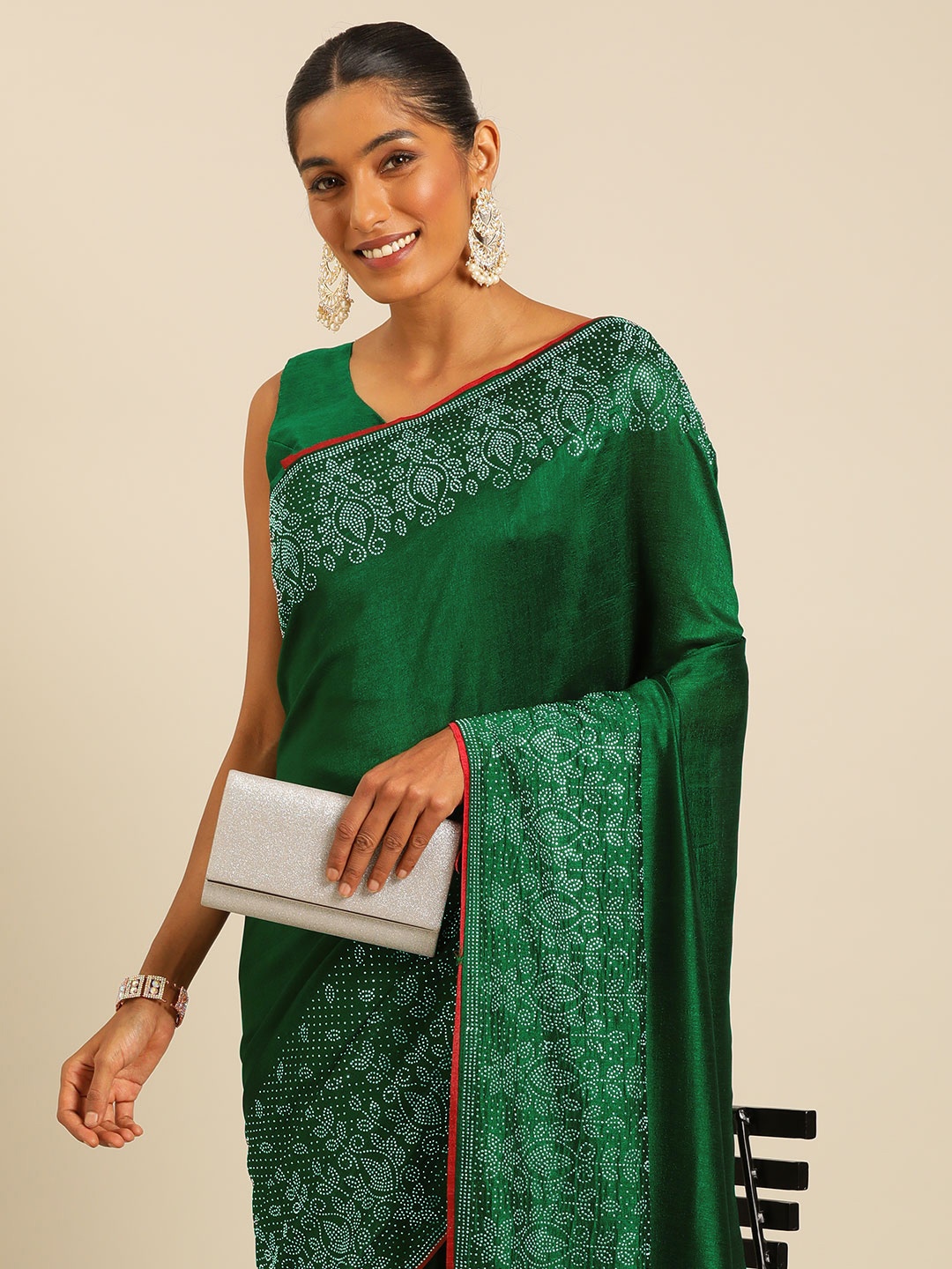 

HERE&NOW Beads and Stones Silk Blend Ready to Wear Maheshwari Saree, Green