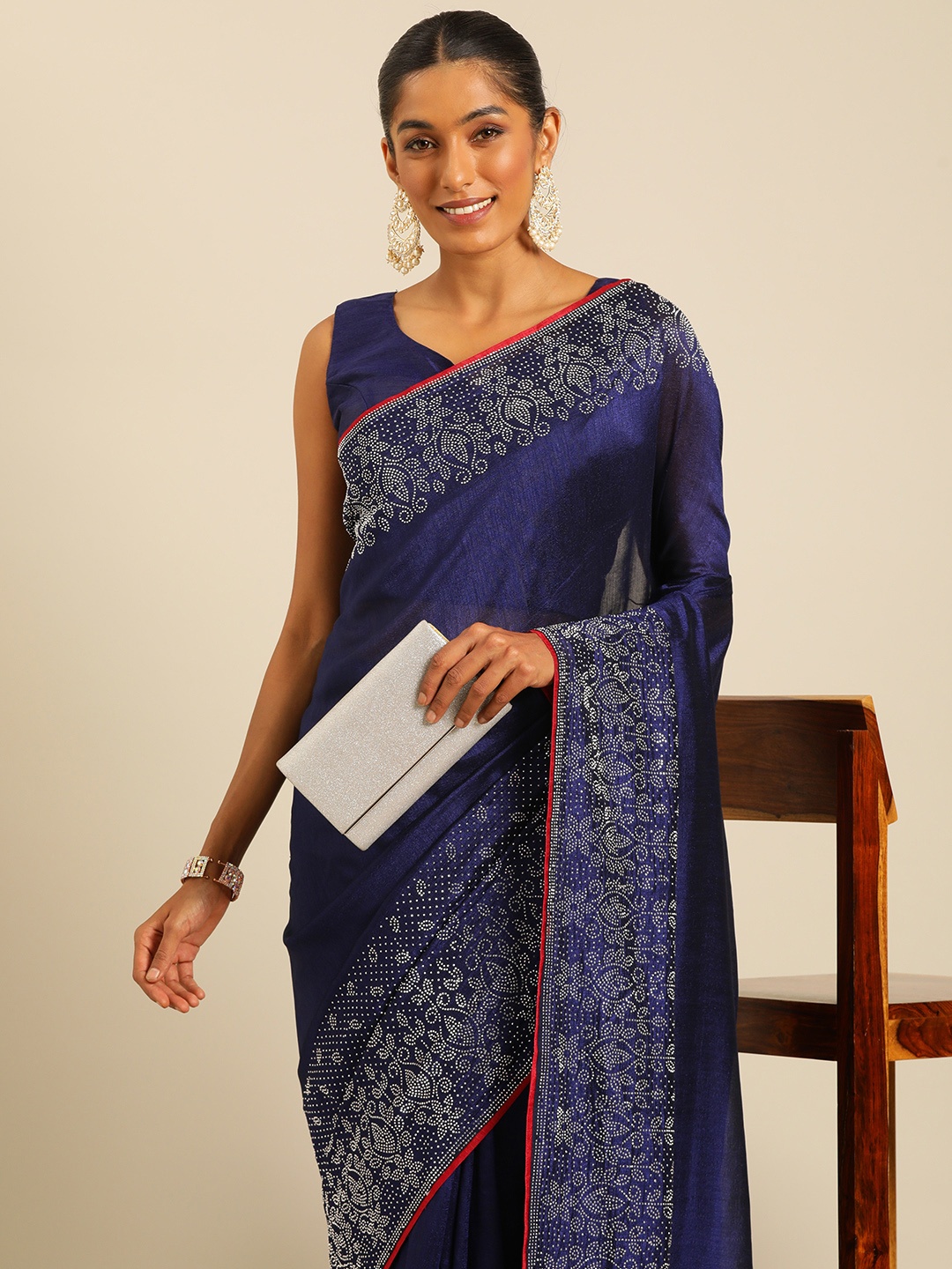 

HERE&NOW Beads and Stones Silk Blend Ready to Wear Maheshwari Saree, Navy blue