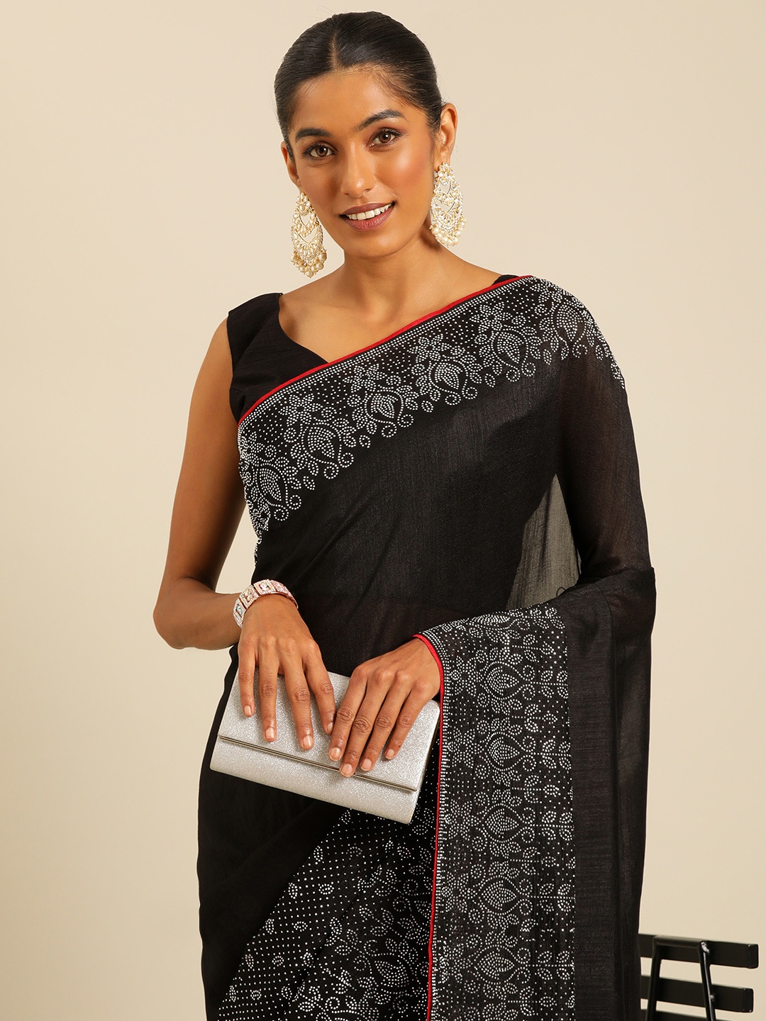 

HERE&NOW Embellished Beads and Stones Silk Blend Ready to Wear Maheshwari Saree, Black