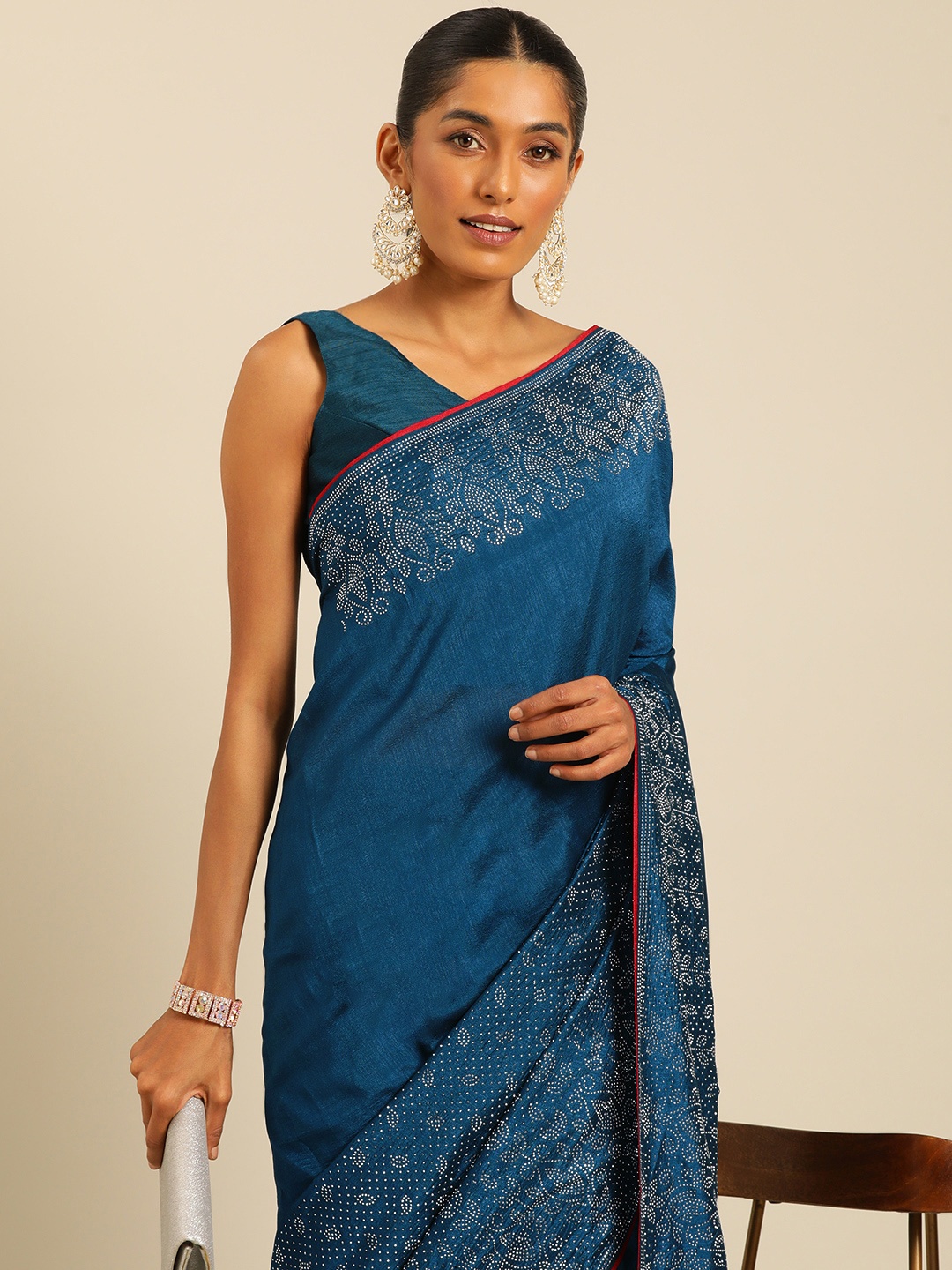 

HERE&NOW Embellished Stones-Studded Silk Blend Ready to Wear Maheshwari Saree, Teal