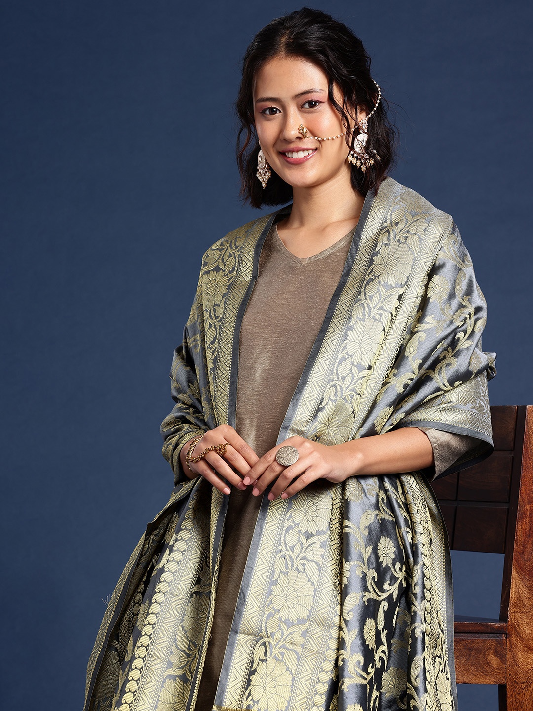 

Taavi Ethnic Motifs Woven Legacy Dupatta, Grey
