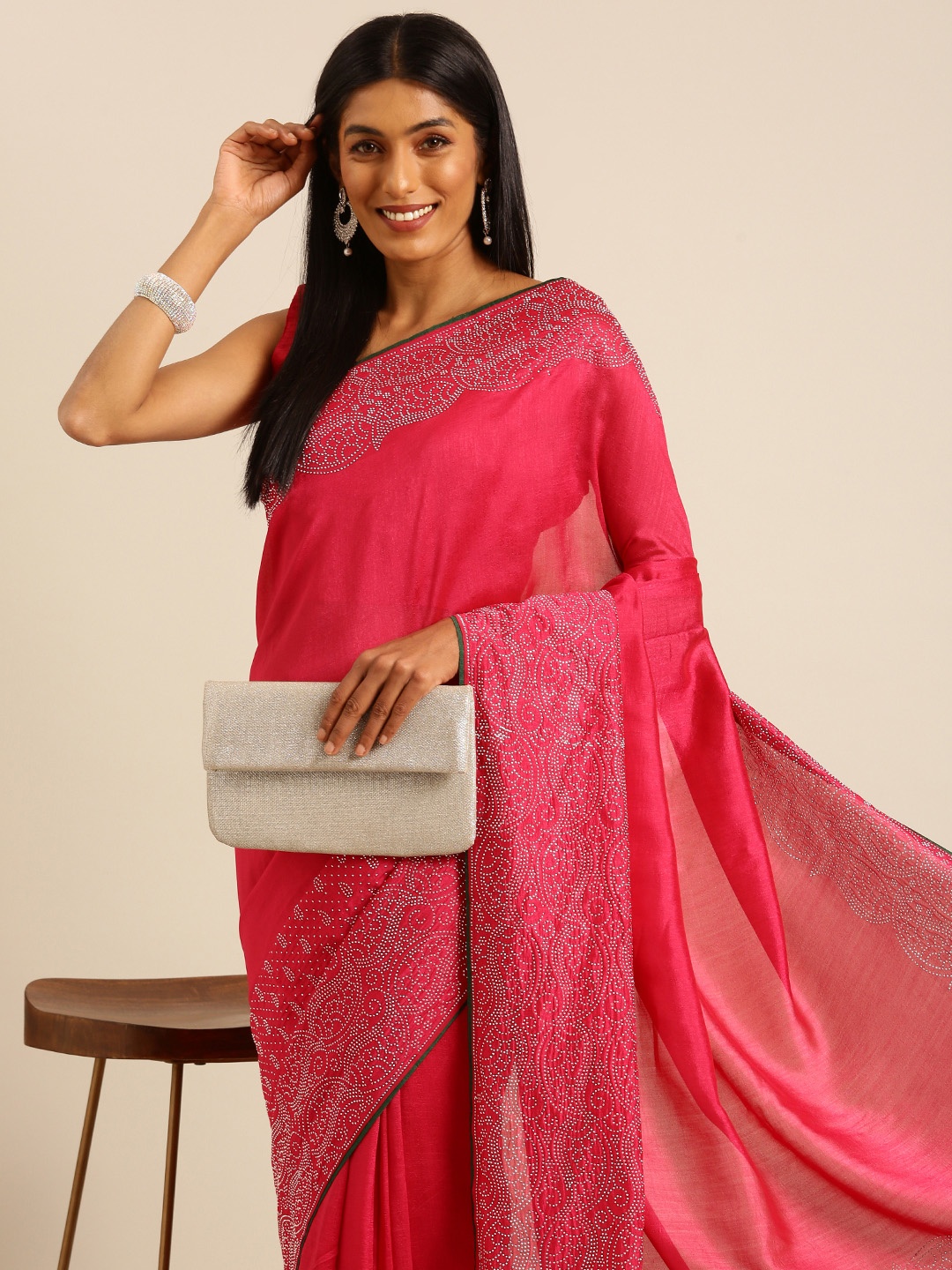 

HERE&NOW Beads & Stones Ready to Wear Saree, Pink