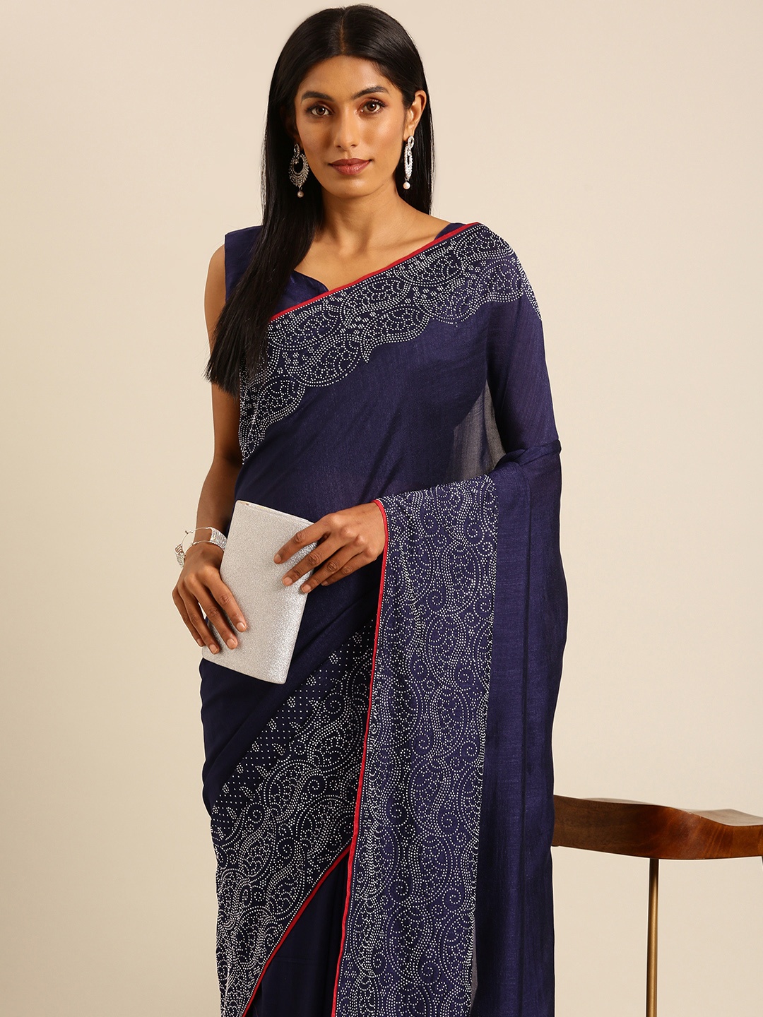 

HERE&NOW Beads & Stones Ready to Wear Saree, Navy blue