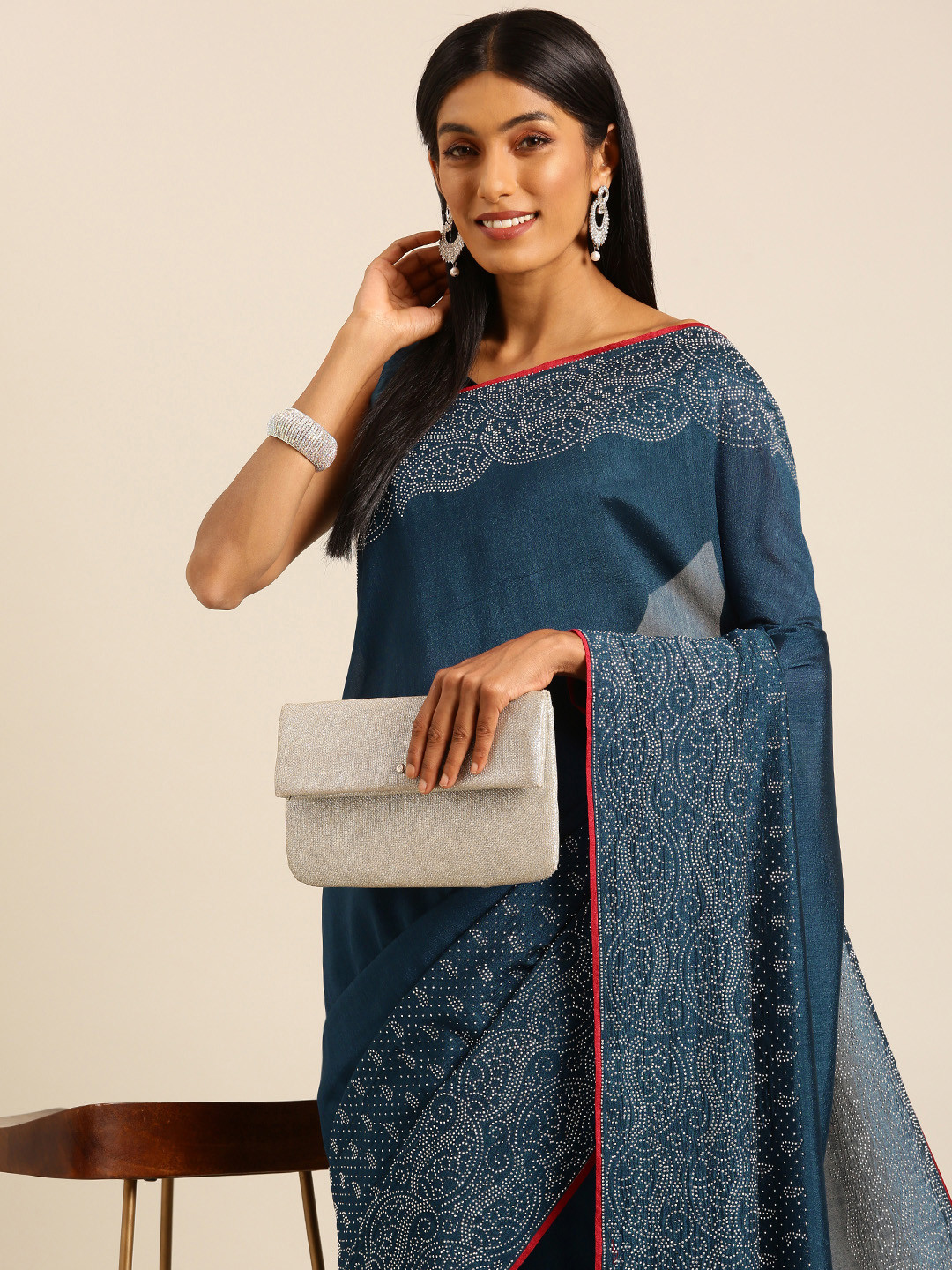 

HERE&NOW Beads & Stones Ready to Wear Saree, Navy blue