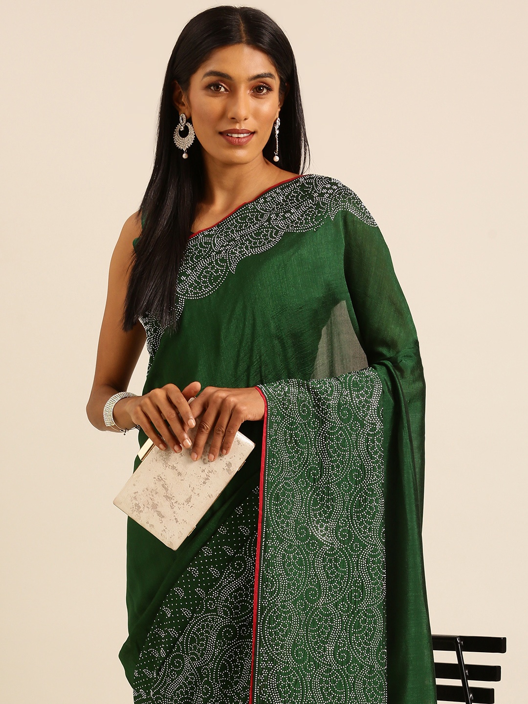 

HERE&NOW Beads & Stones Ready to Wear Saree, Green