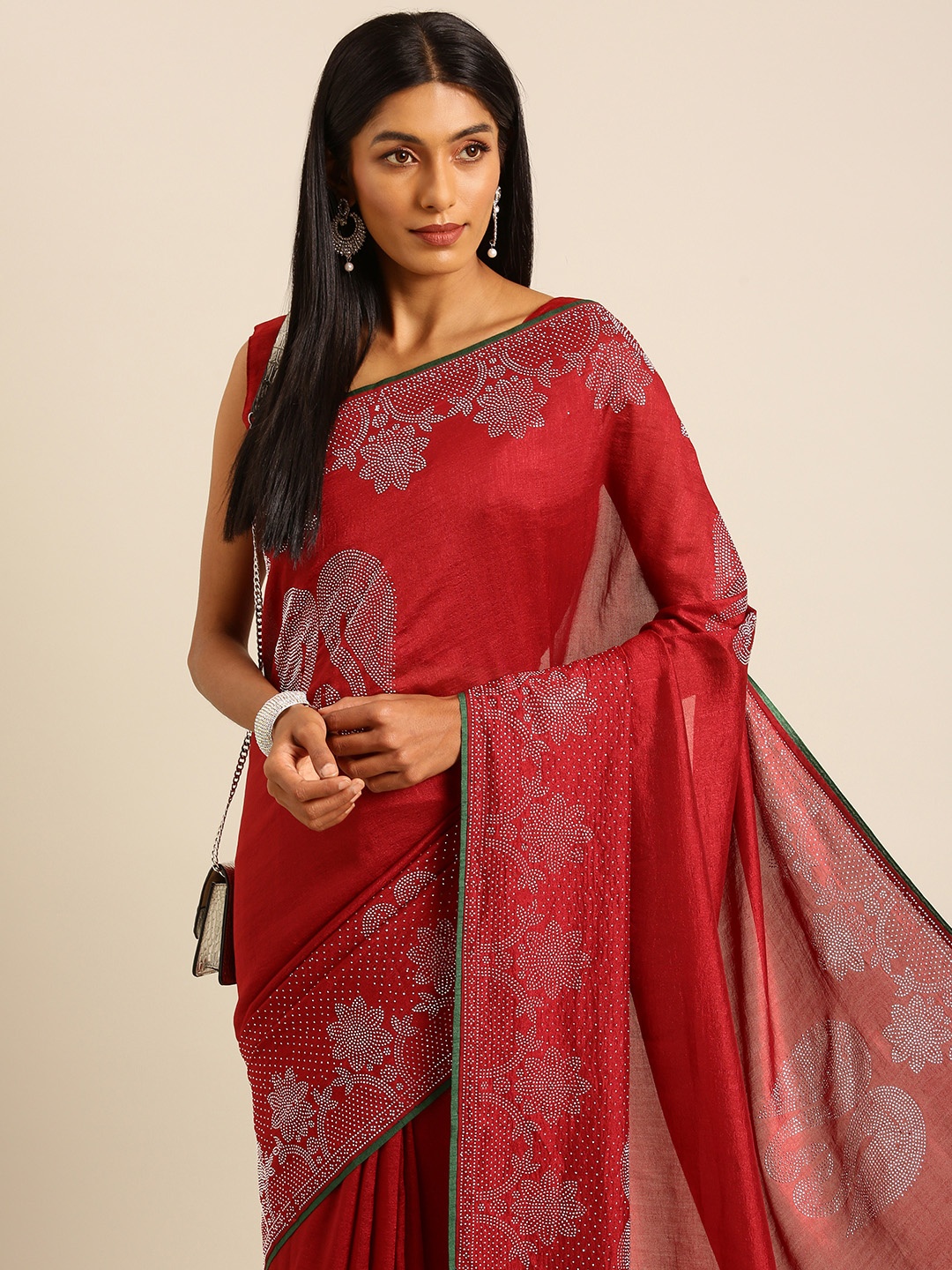 

HERE&NOW Floral Beads & Stones Ready to Wear Mysore Silk Saree, Maroon