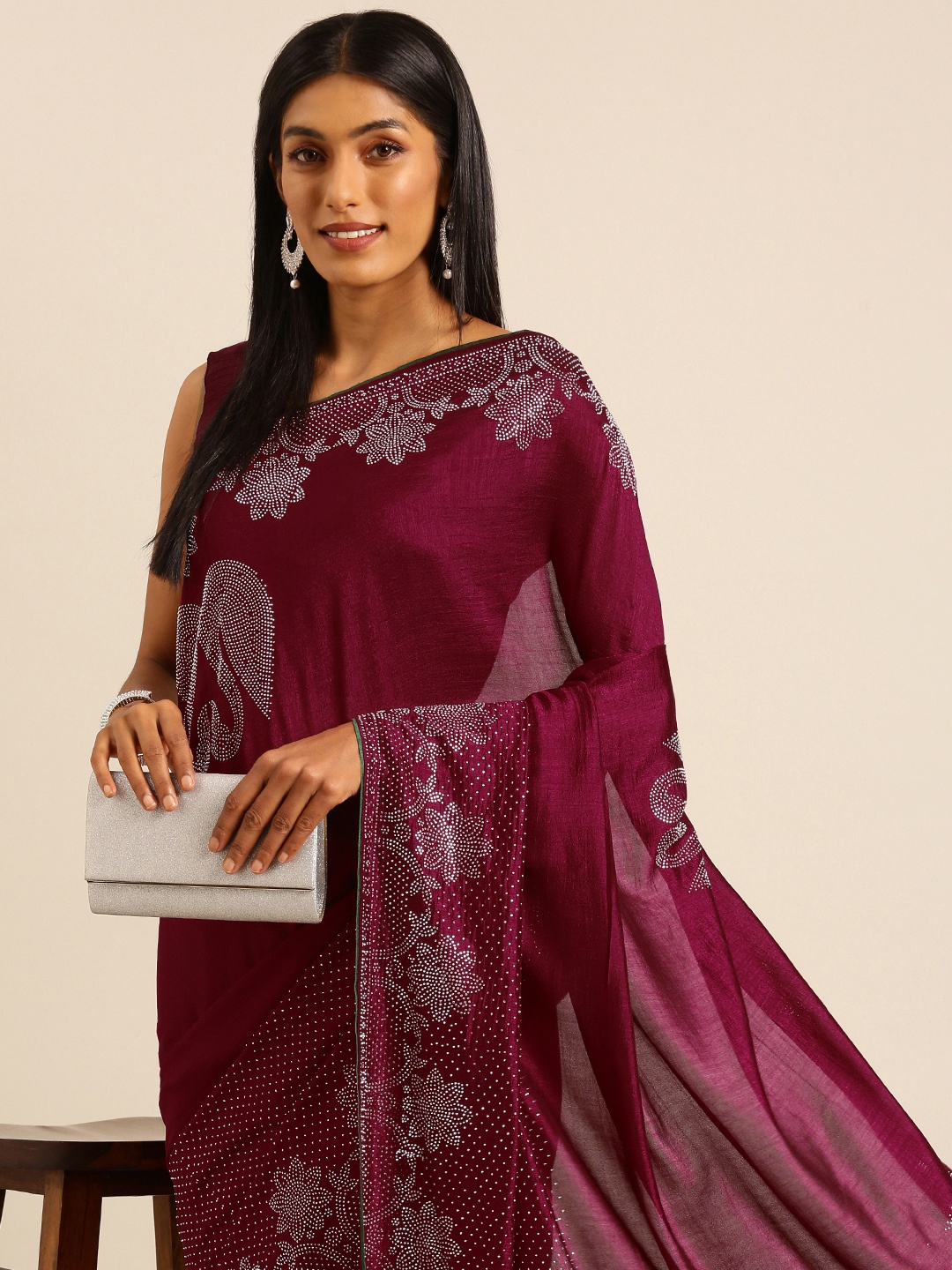 

HERE&NOW Floral Beads & Stones Ready to Wear Mysore Silk Saree, Maroon