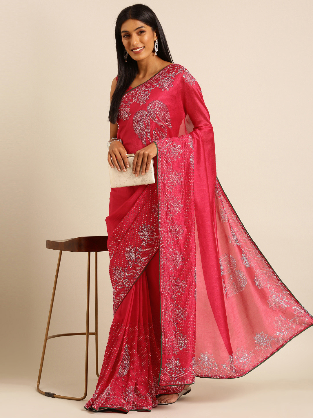

HERE&NOW Floral Beads & Stones Ready to Wear Mysore Silk Saree, Pink
