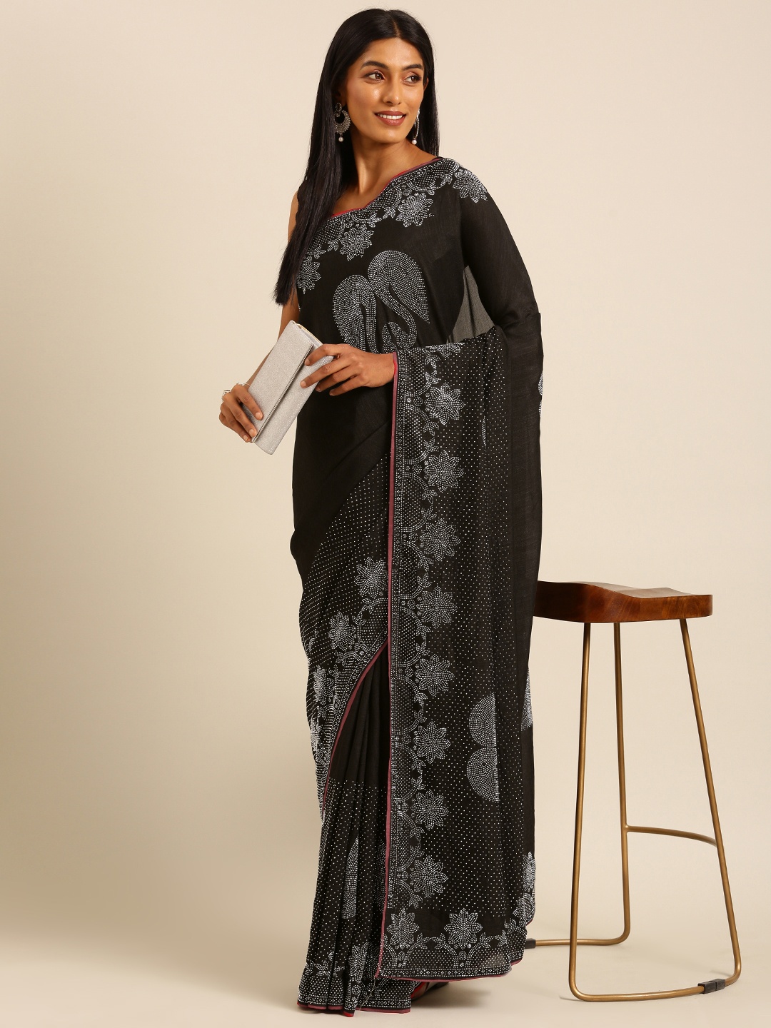 

HERE&NOW Floral Beads & Stones Ready to Wear Mysore Silk Saree, Black