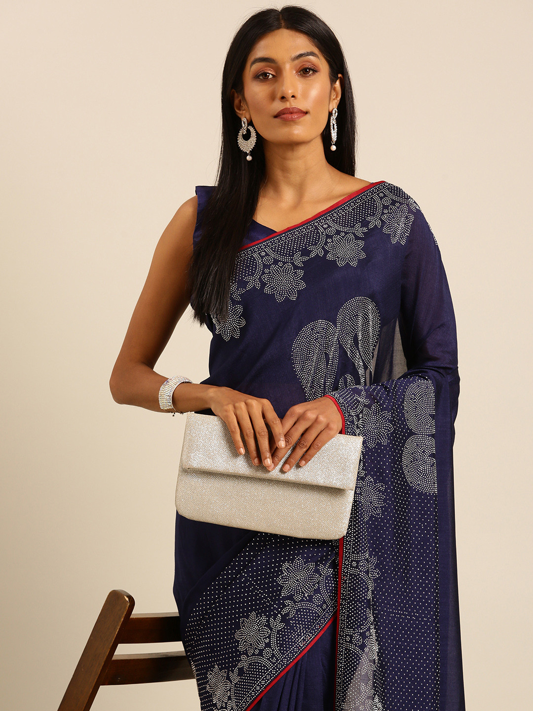 

HERE&NOW Floral Beads & Stones Ready to Wear Mysore Silk Saree, Navy blue