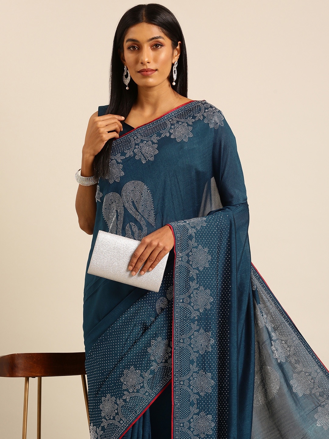 

HERE&NOW Floral Beads & Stones Ready to Wear Mysore Silk Saree, Navy blue