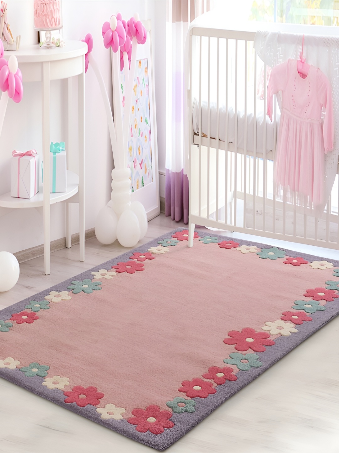 

LITTLELOOMS Grey & Pink Floral Border Hand-Tufted Rectangular Woollen Carpet