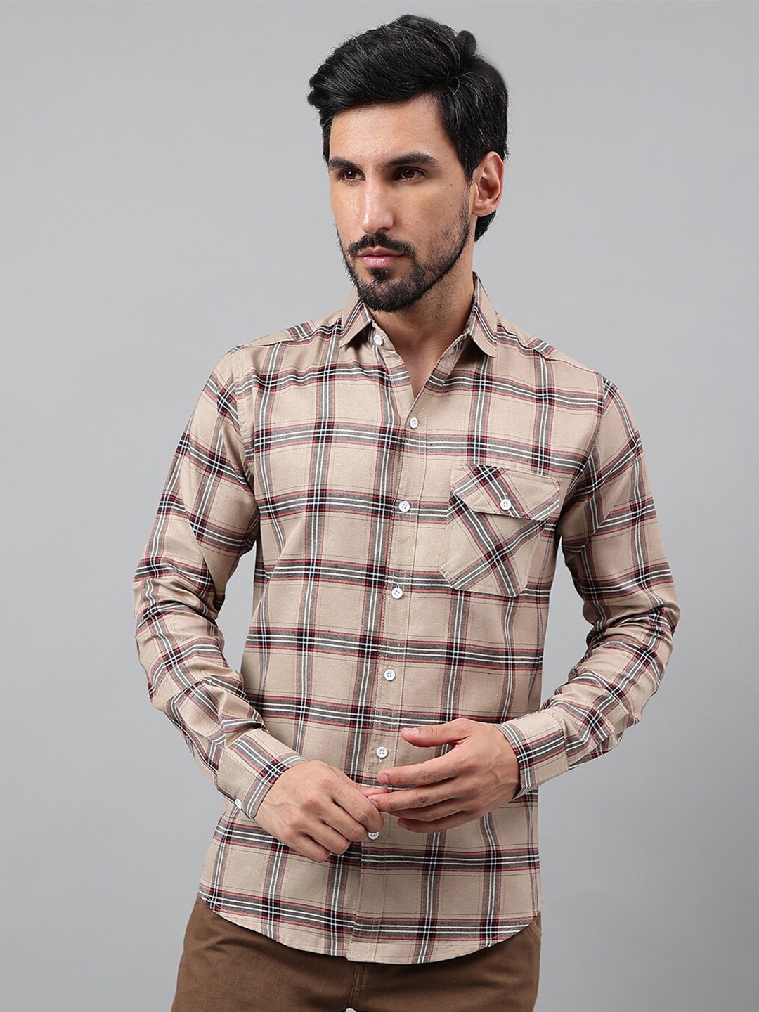 

Voroxy New Tartan Checked Cotton Casual Shirt, Beige