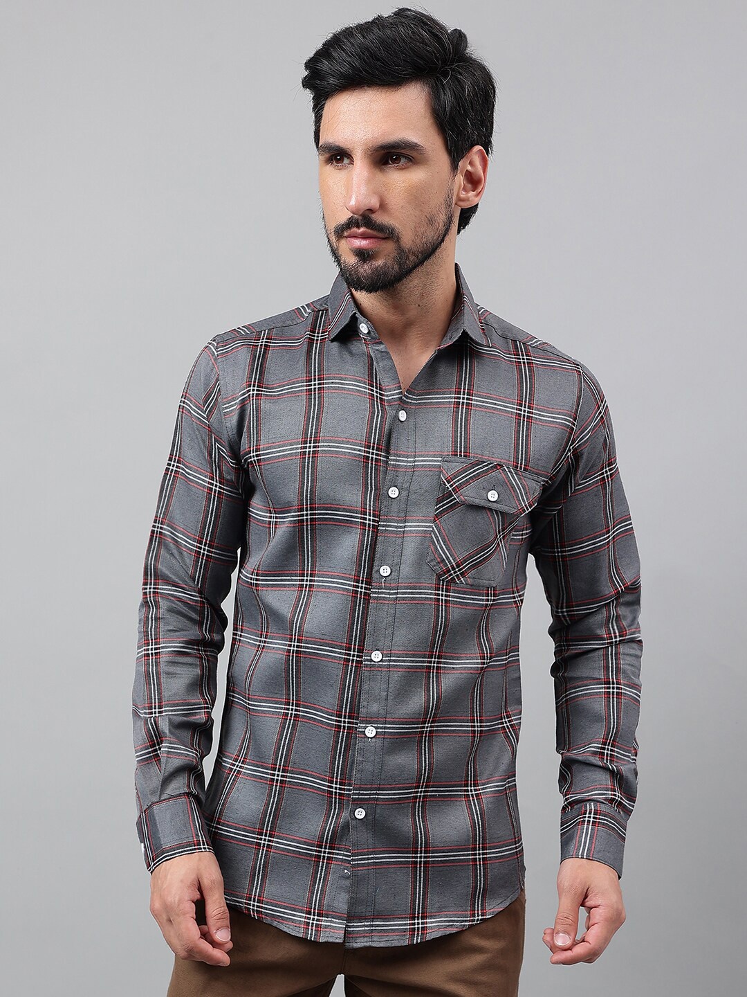 

Voroxy New Checked Spread Collar Long Sleeves Cotton Casual Shirt, Grey