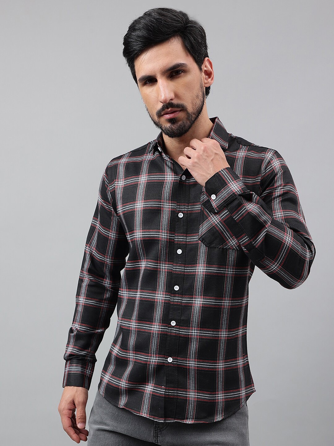 

Voroxy New Checked Spread Collar Long Sleeves Cotton Casual Shirt, Black