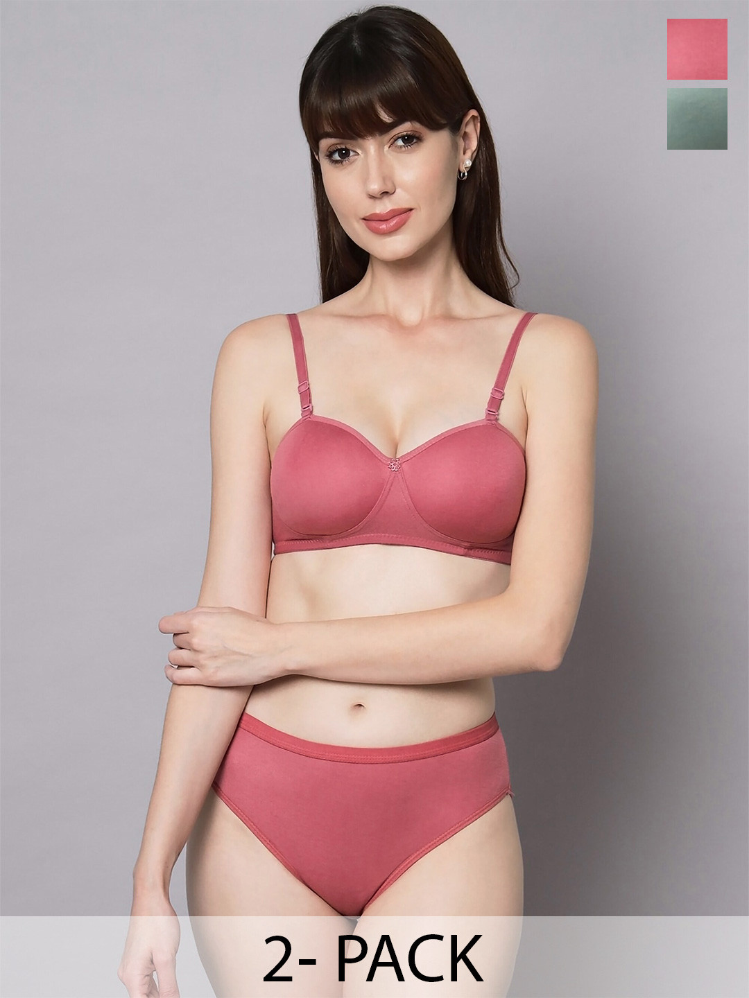 

AROUSY Pack Of 2 Cotton Bra Panty Lingerie Set K_Demii-Set_Red,Green