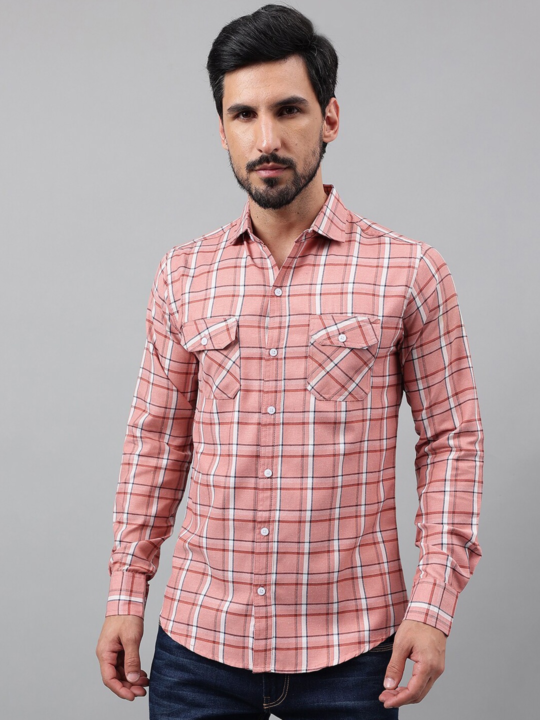 

Voroxy New Tartan Checked Cotton Casual Shirt, Peach