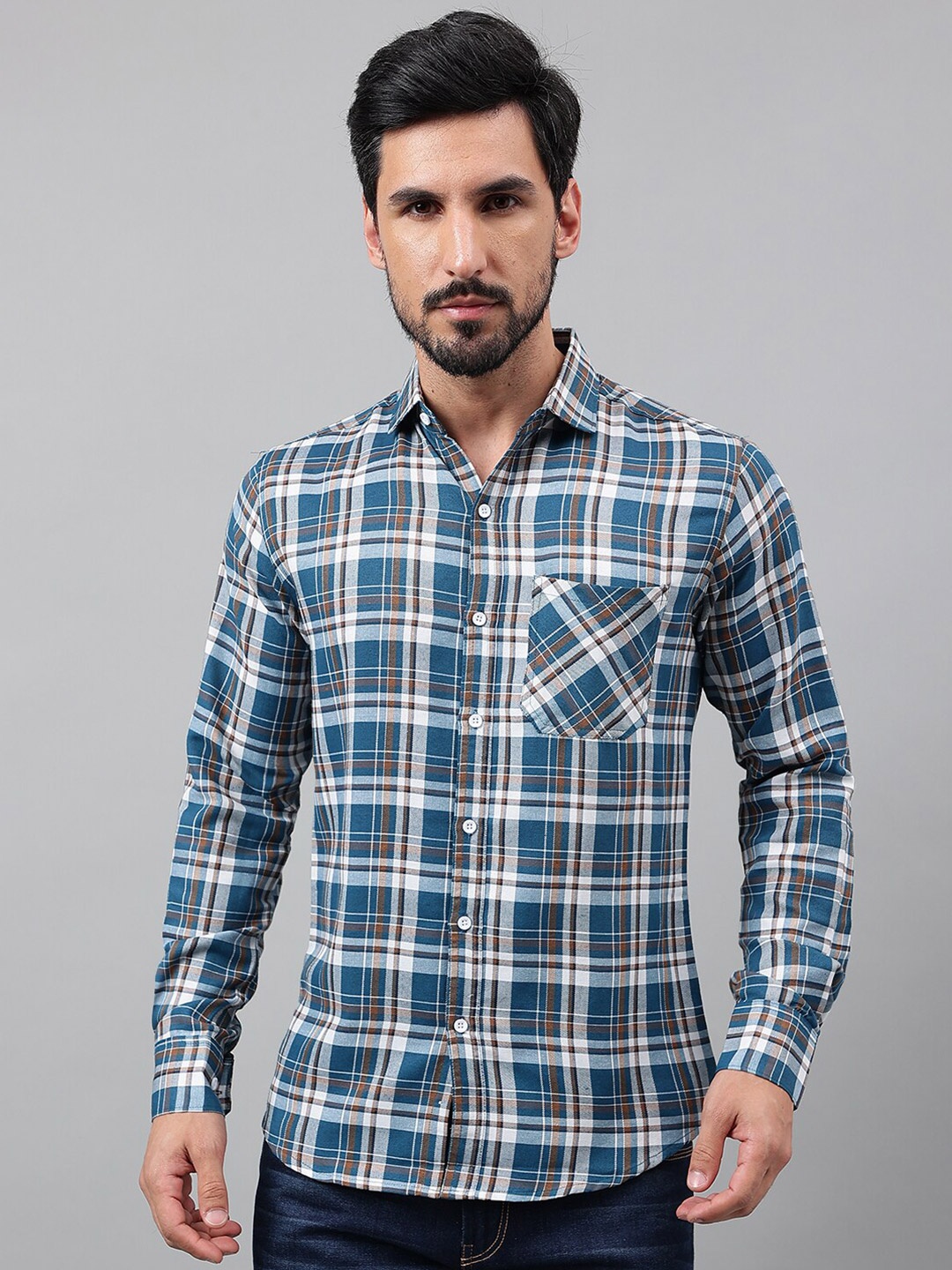 

Voroxy New Regular Fit Tartan Checked Casual Cotton Shirt, Blue