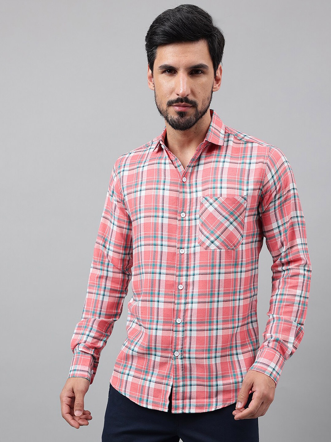 

Voroxy New Regular Fit Tartan Checked Casual Cotton Shirt, Pink