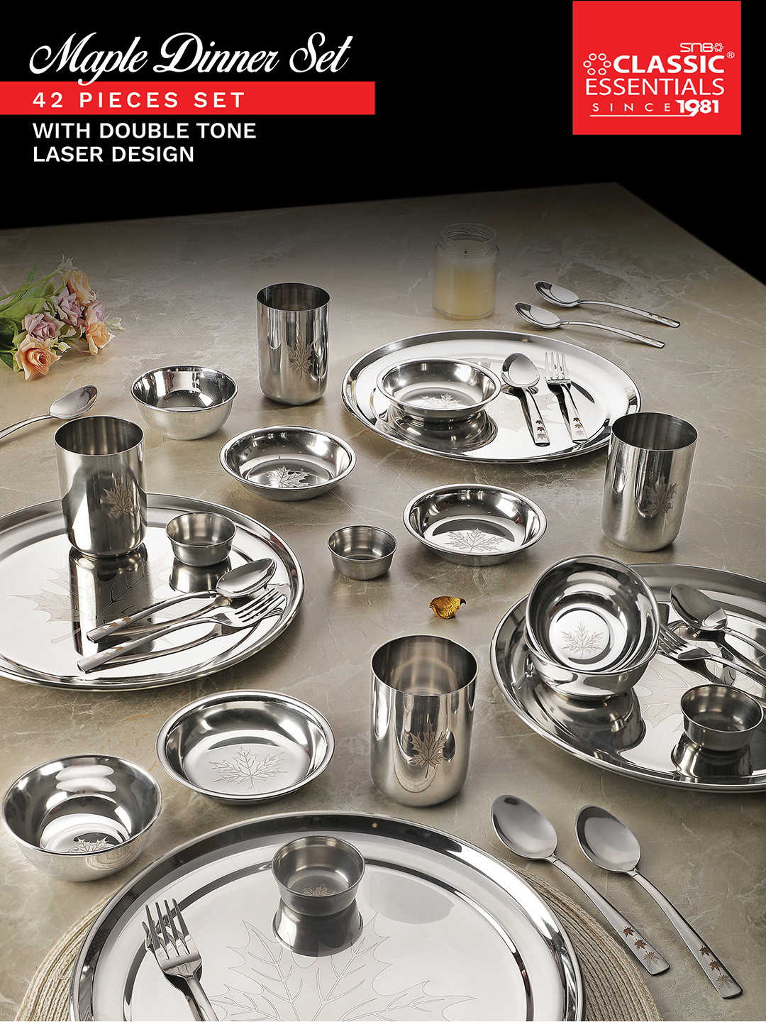 

Classic Essentials Silver Toned 42 Pieces Maple Design Stainless Steel Glossy Dinner Set