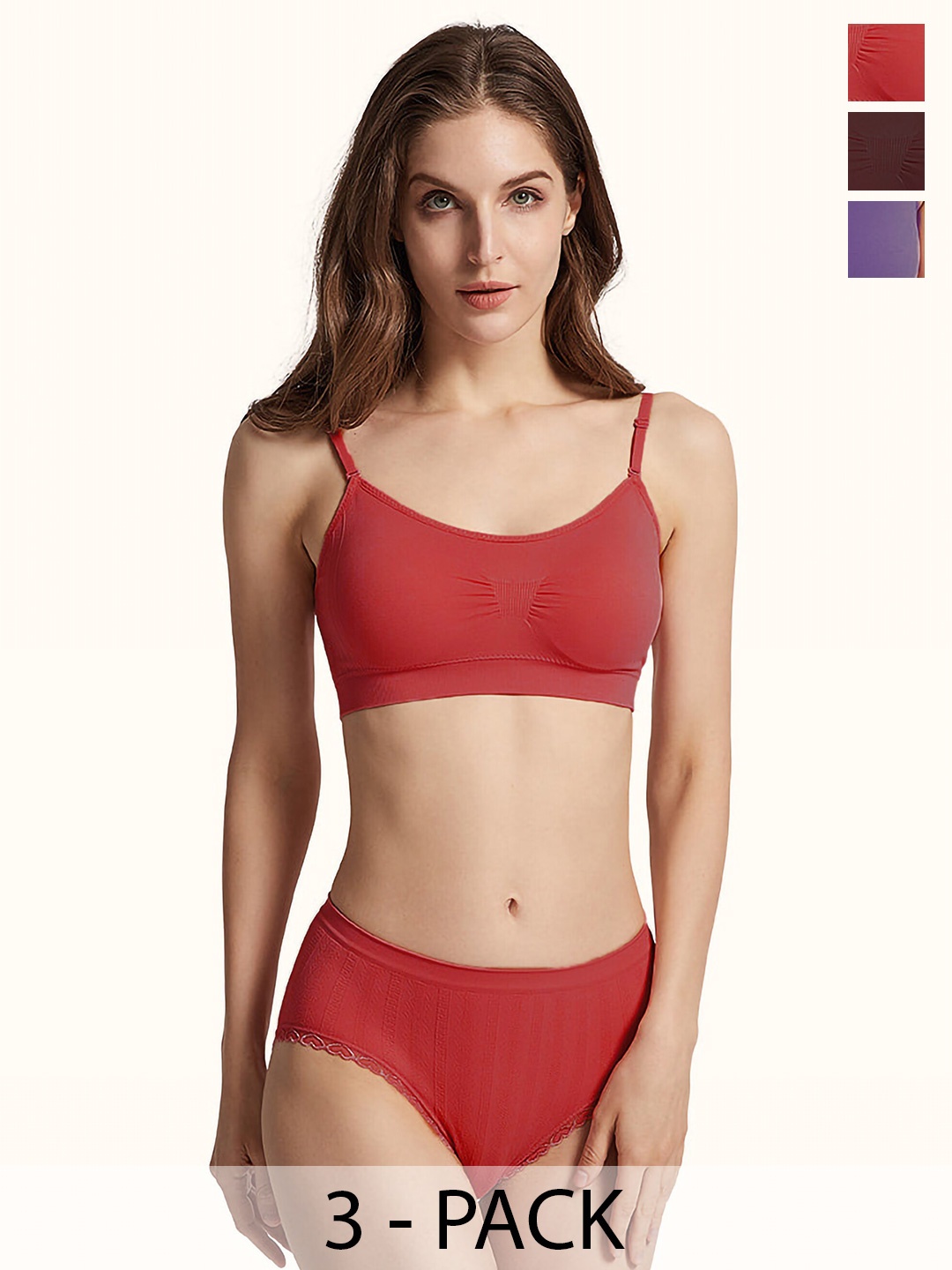 AROUSY Pack Of 3 Cotton Lingerie Set K_Nora Set_31, Red