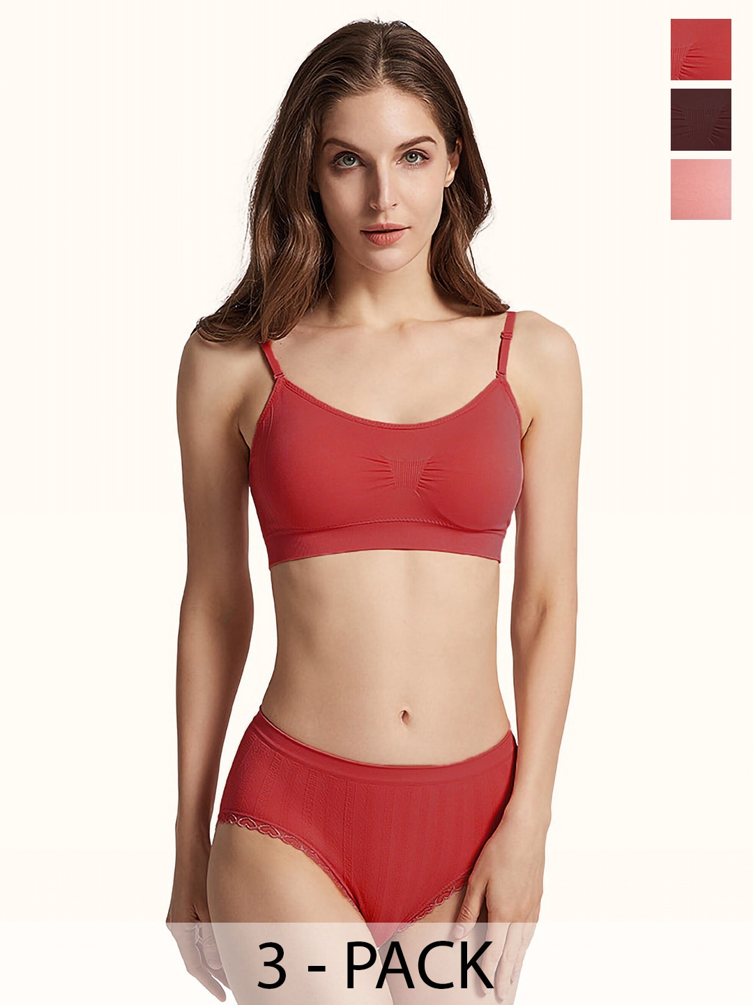 

AROUSY Pack Of 3 Cotton Non-Padded Lingerie Set K_Nora Set_3, Pink